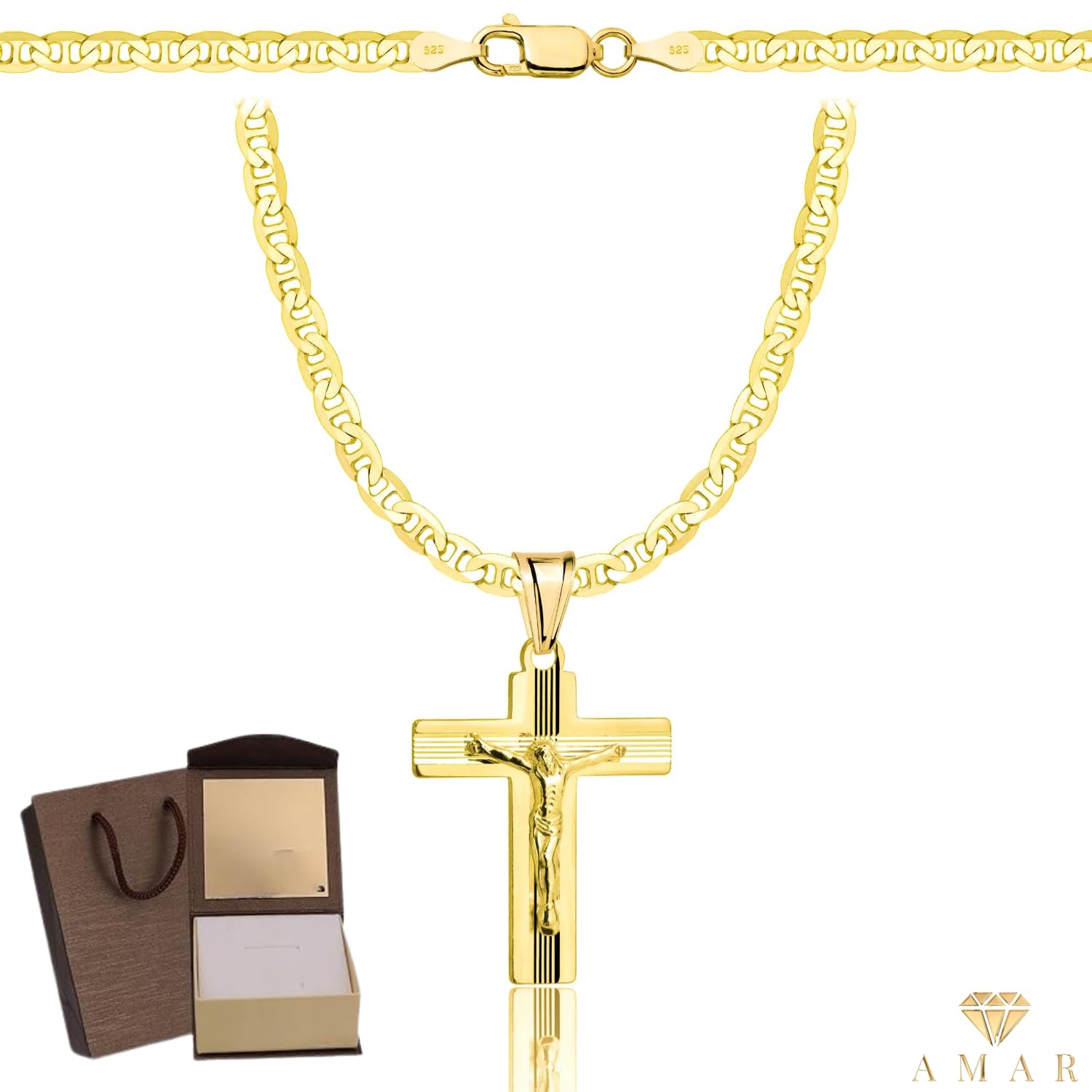 AMAR PRAGNA Gold Damen/Herren Kette mit einem 925/585 Kreuz, original geflochten, Breite 3,8 mm, Goldkette- Halskette, kreuz kette gold 585