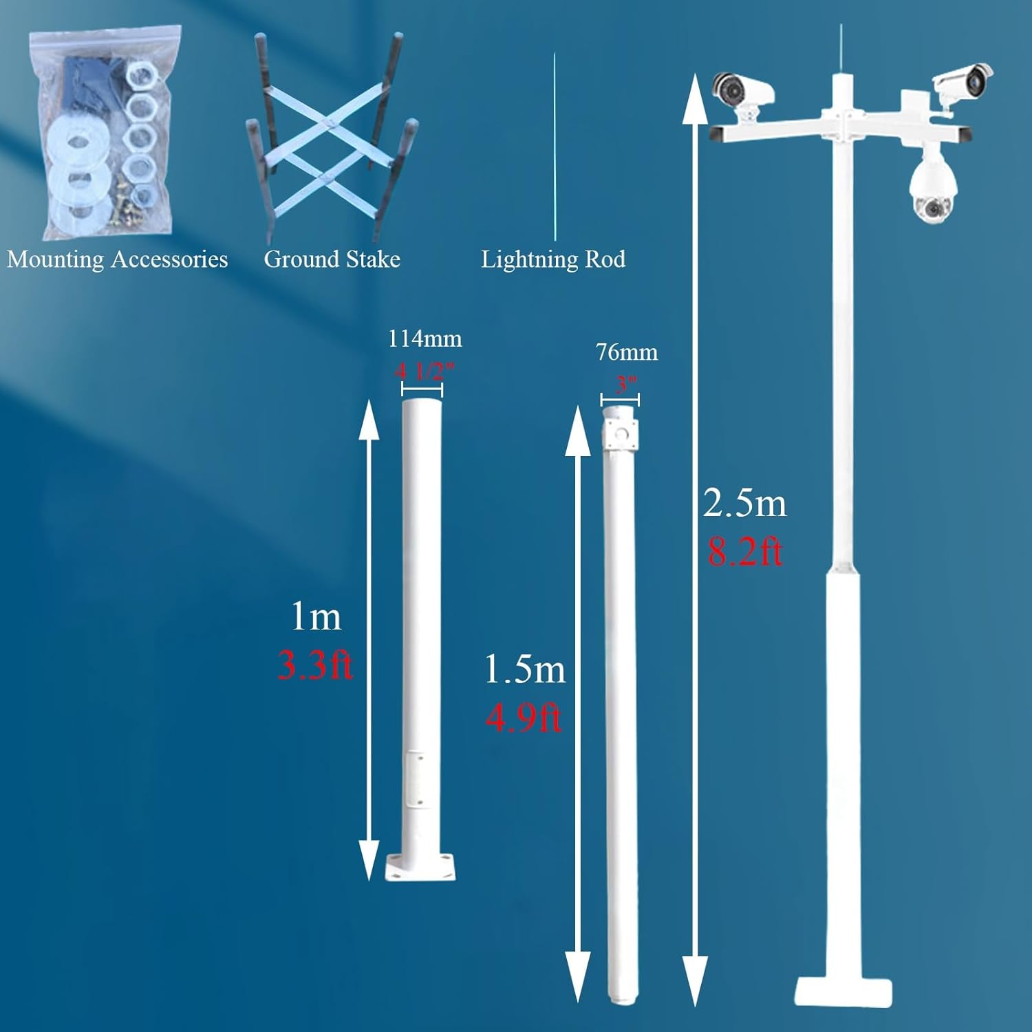 Weatherproof Security Camera Pole Mount - Universal Vertical Stand for 8ft/10ft/20ft Surveillance Cameras - Durable Outdoor Solution for Enhanced Security (2.5m / 8.2ft)