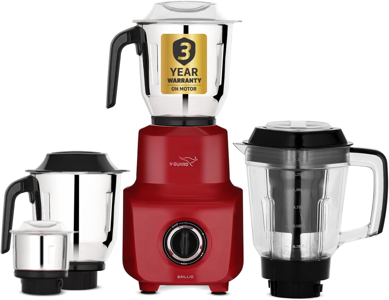 V-Guard Brillio Juicer Mixer Grinder 750 Watt / Newly Launched / Mixie for kitchen with 4 Multifunctional SS Mixer Jars (Chutney, Dry, Wet Jar & Juicer Jar) / Juicer Jar with QuadraFlow Design & Strainer (Mars Red)
