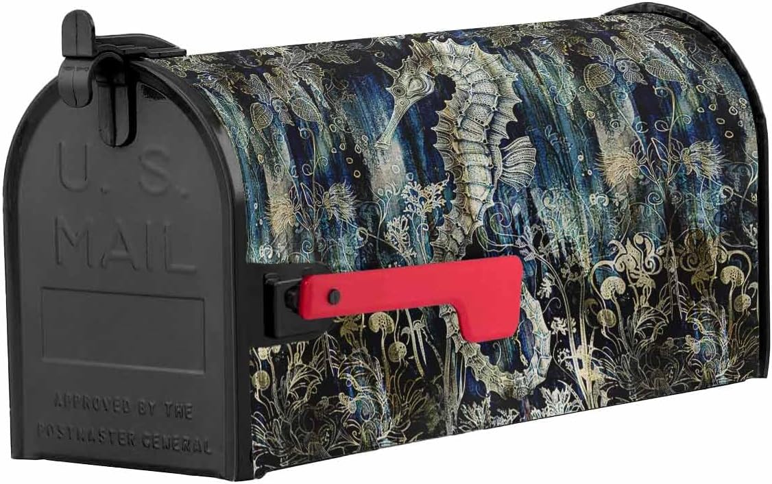 Sea Horse Mailbox Covers Magnetic Standard Size, Decorative Post Letter Numbers Box Wrap Decoration Covers Small Accessories for Garden Yard Outdoor Décor Coastal Ocean Golden Navy Blue Floral Leaf
