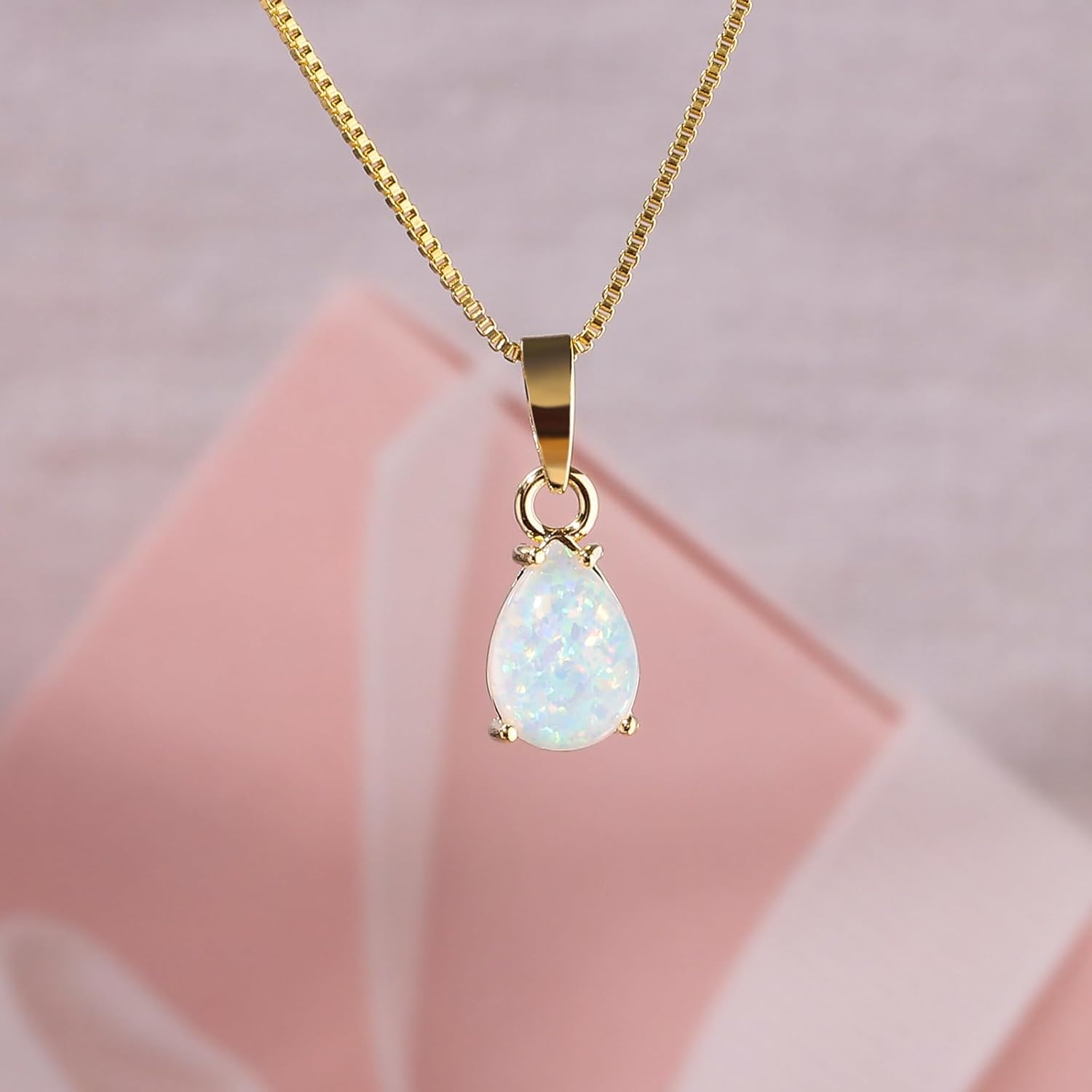 CiNily Opal Pendant Necklace for Women Multi-colored Teardrop Birthstone Necklaces 14K Rose Gold/Gold Plated Dainty Simple Gold Chian Necklace, Birthday Anniversary Wedding Gifts 7x10mm - Image 4