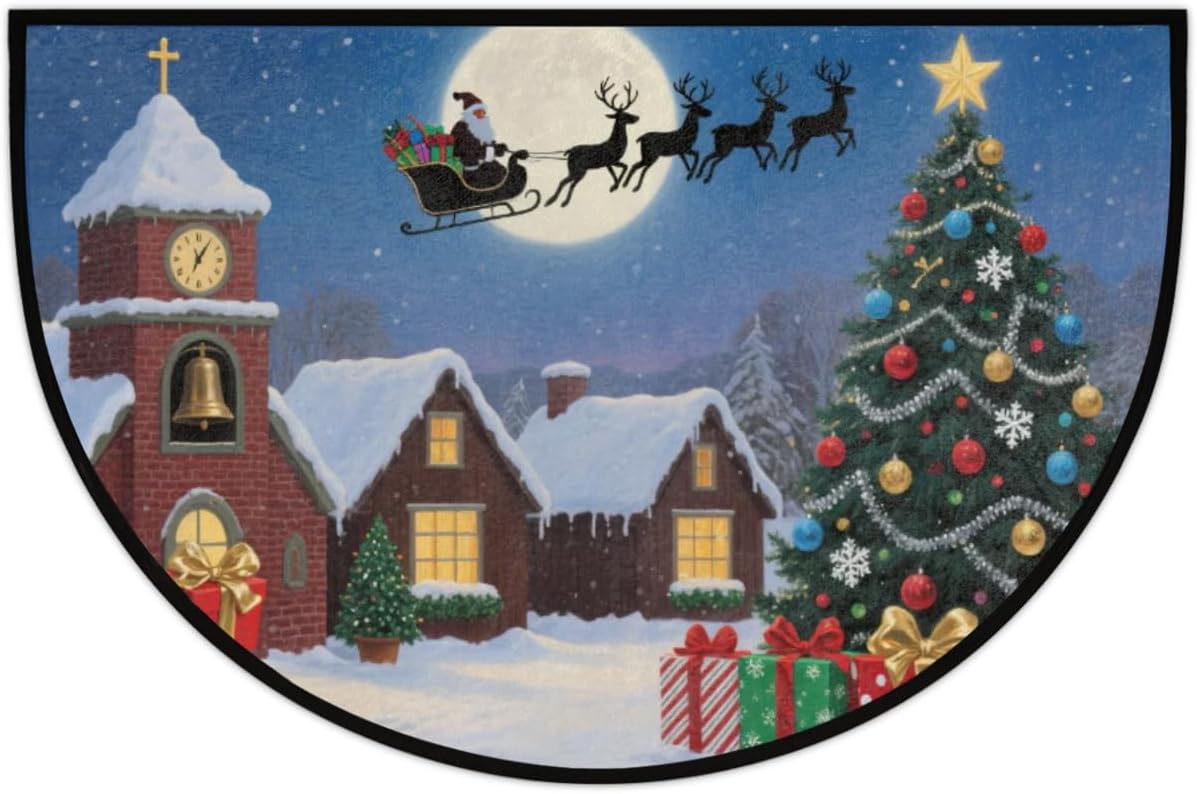 Half Round Door Mat - Indoor Outdoor Christmas Town Scene Half Circle Rug for Entryway, Bathroom, Kitchen - Washable Non-Slip Half Moon Mat with Boho Floral Vintage Design - Small Floor Mat