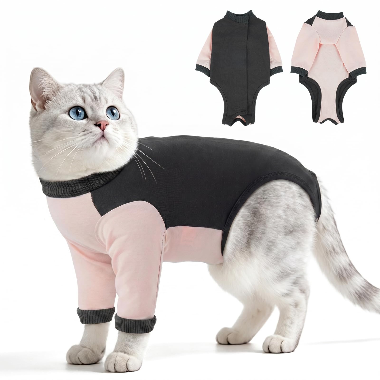 Full Coverage Cat Recovery Suit – Kitten Surgery Suit | Soft Cotton Anti-Licking Onesie with Long Sleeves | Spay, Neuter, Abdominal Wound | Extra Protection for Active & Licking Cats (Blush Pink S)
