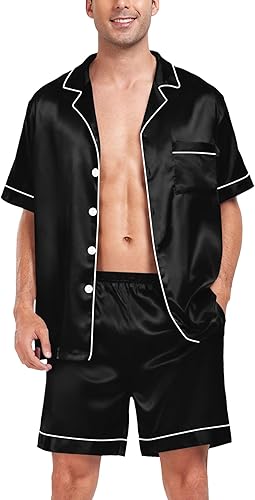 Miniatura 2 de SWOMOG Conjunto de pijama de satén a juego para parejas, ropa de dormir de seda con botones para mujeres y hombres, ropa de dormir de manga corta