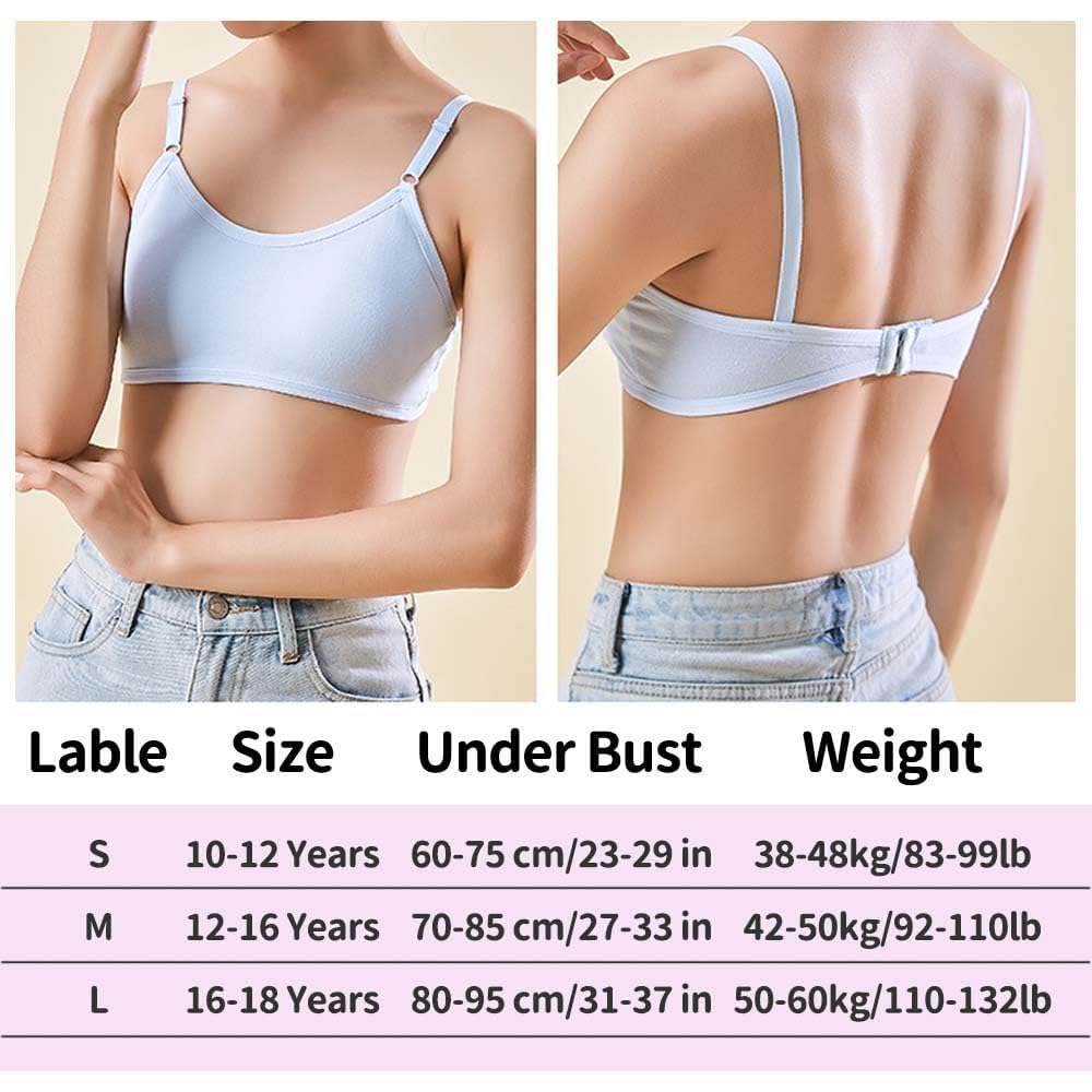 Pacco a 4 Reggiseno Sportivo per Ragazze Intimo in Cotone Tinta Unita Imbottitura Fissa e Spallacci Regolabili, Adatto per Bambini di età Compresa tra 10-18 Anni