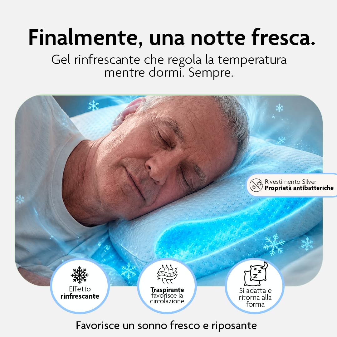 NORELUX Aquagel Cuscino Cervicale Forato per Dormire con Schiuma ViscoGreen ad Alta Densità, Cuscino Ergonomico Rinfrescante, OEKO-TEX Standard 100, 71x41x15 cm, Made in Italy