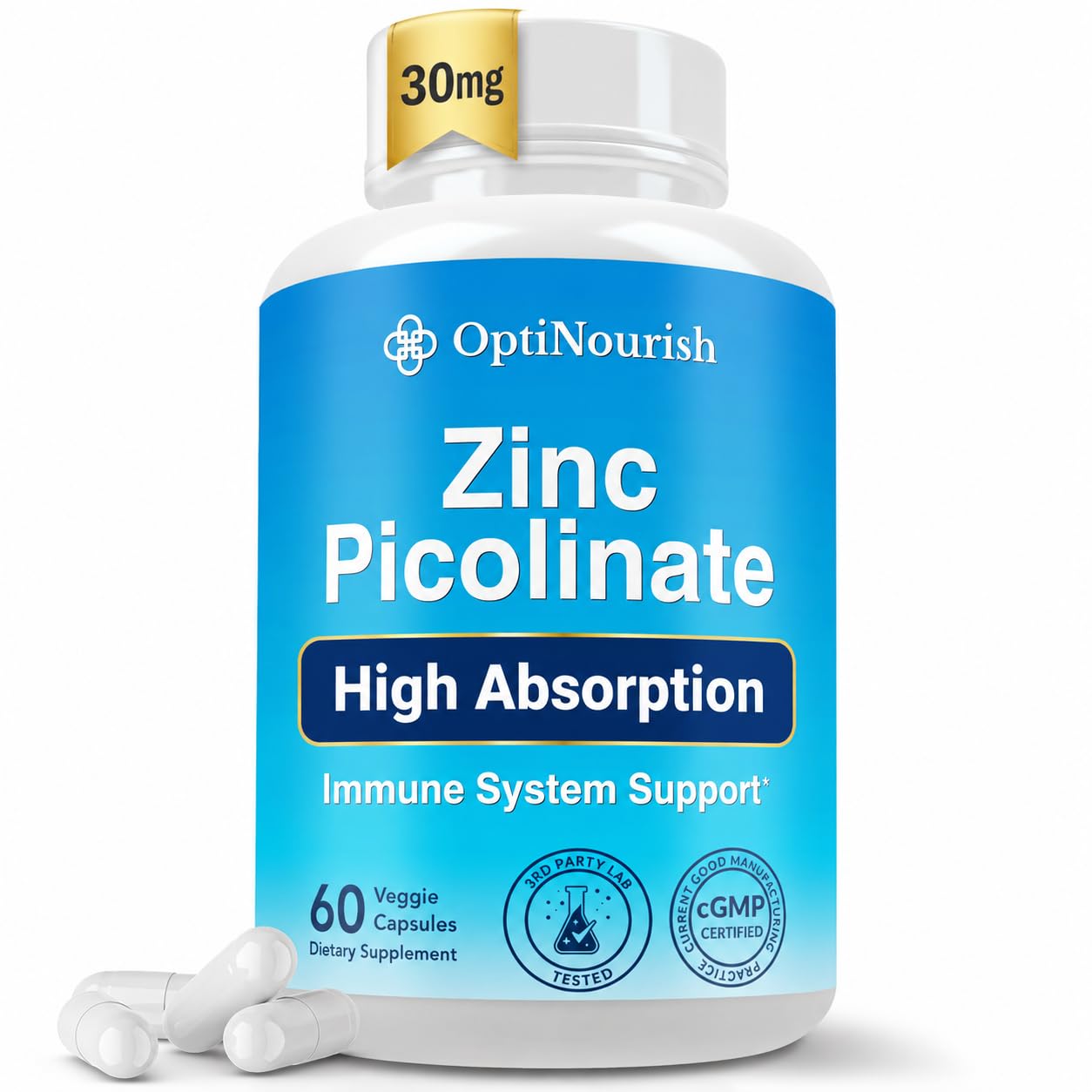 Zinc Picolinate 30mg, High Absorption, Support Immune Function, Skin, Muscle, Memory & Metabolism, Made in USA in cGMP-Certified Facility, Non-GMO,60 Veggie Capsules