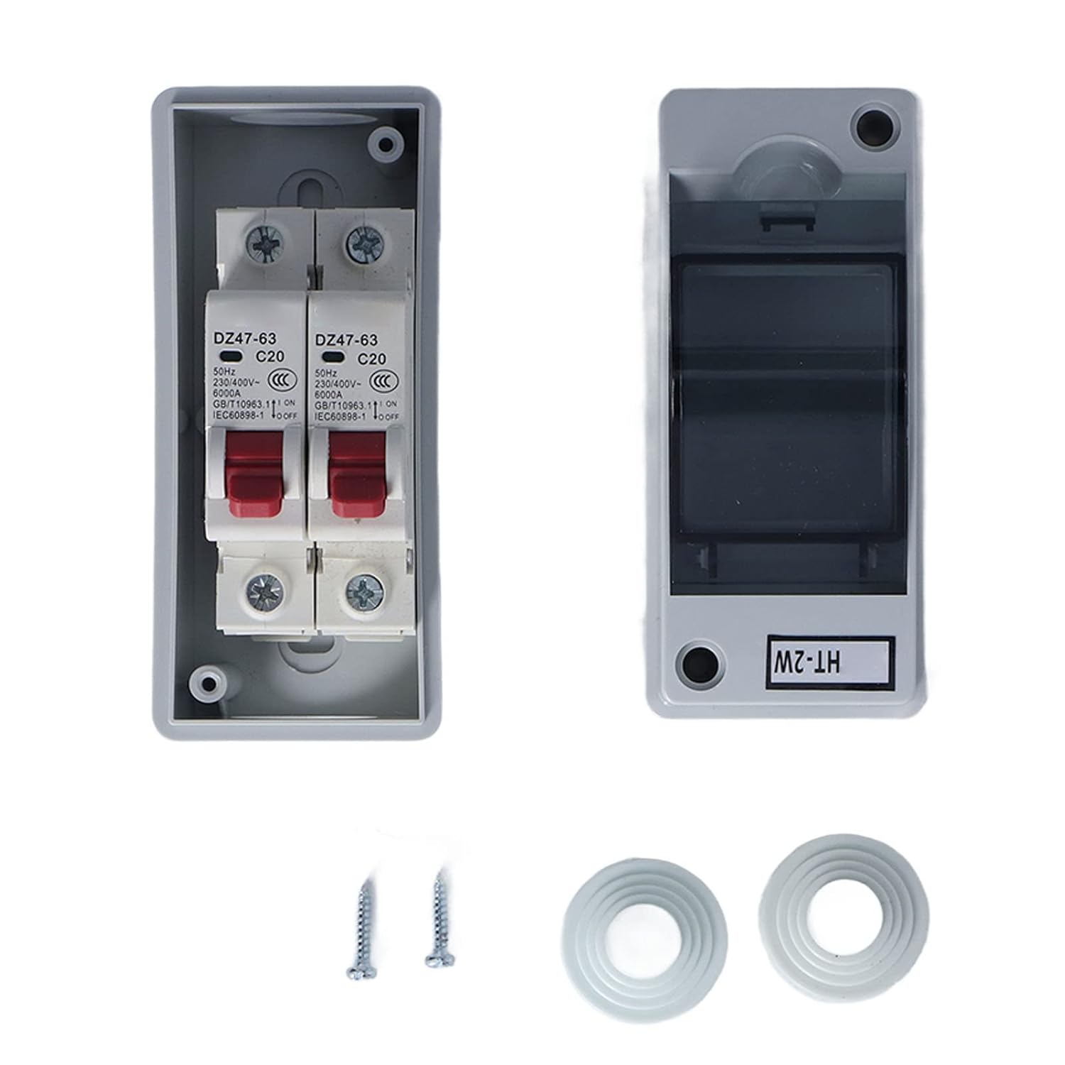 2 Way Distribution Box, AC 230V/400V C20+C20 Power Circuit Breakers Panel Outdoor Waterproof IP65 Fuse Box with Transparent Cover for MCB C Type DZ47-63