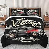 Pinbeam Comforter Set Full Size, Vintage Car American Retro Soft Bedding Set for Kids and Adults Bedroom Bed Decor, Skull Motorcycle Vehicle Comforter Set with 2 Pillowcases
