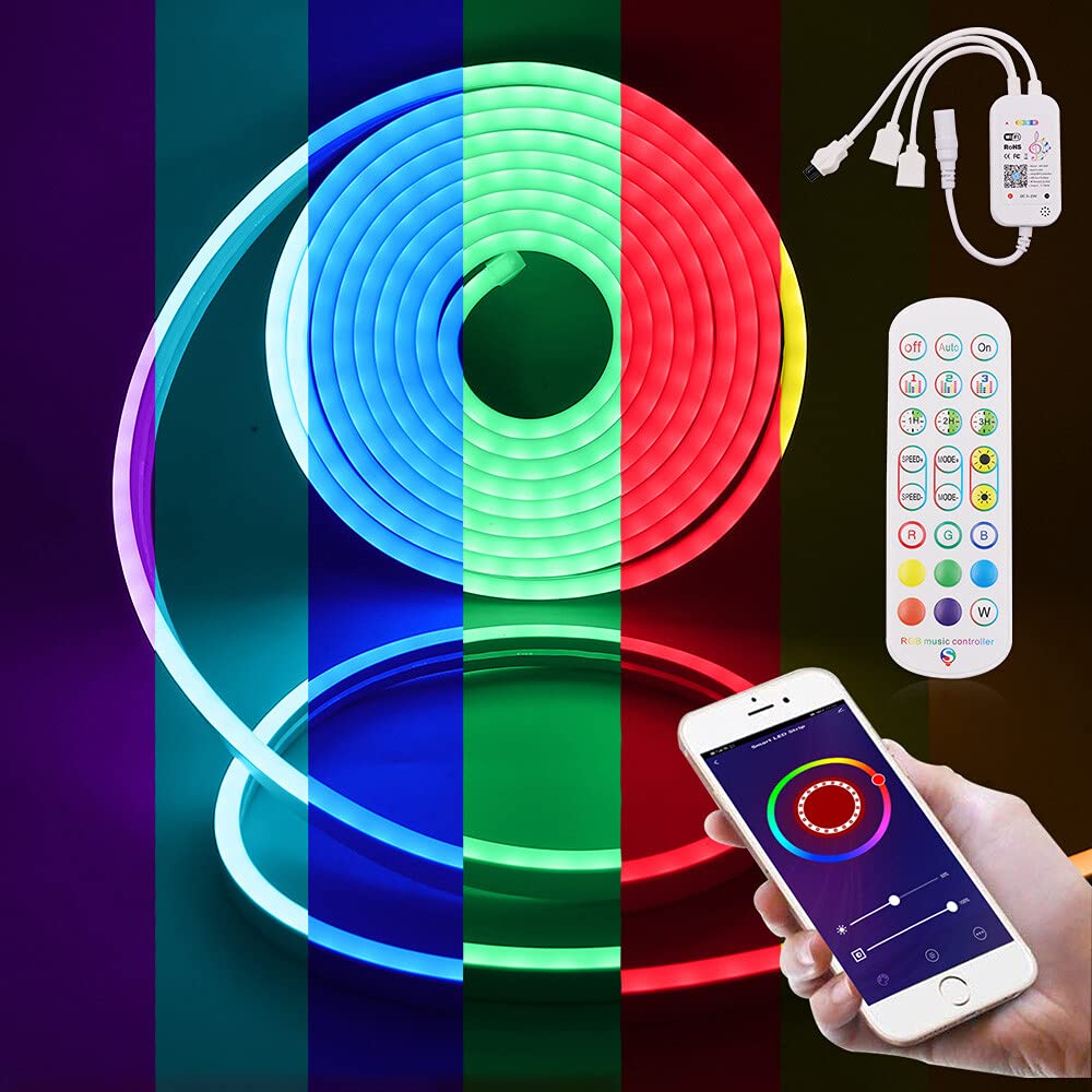 2m 12V Smart WiFi Neon Flex Light Strip, Work with Alexa Google SmartThing, IP65 Waterproof, Music Sync, Smart Life App Dimmable IR Remote Control