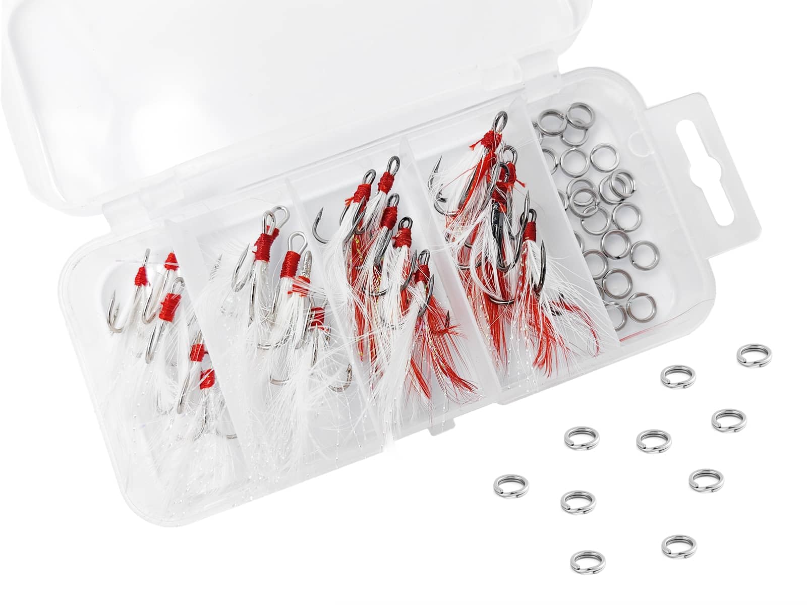 Fishing Treble Hooks Feather Dressed Size 4 6 Set including Split Rings for Fishing Lure Making kit, Nickel,Red,White