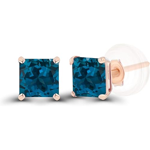 Solid 925 Sterling Silver Gold Plated 4mm Square Genuine Birthstone Stud Earrings For Women | Natural or Created Hypoallergenic Gemstone Stud Earrings