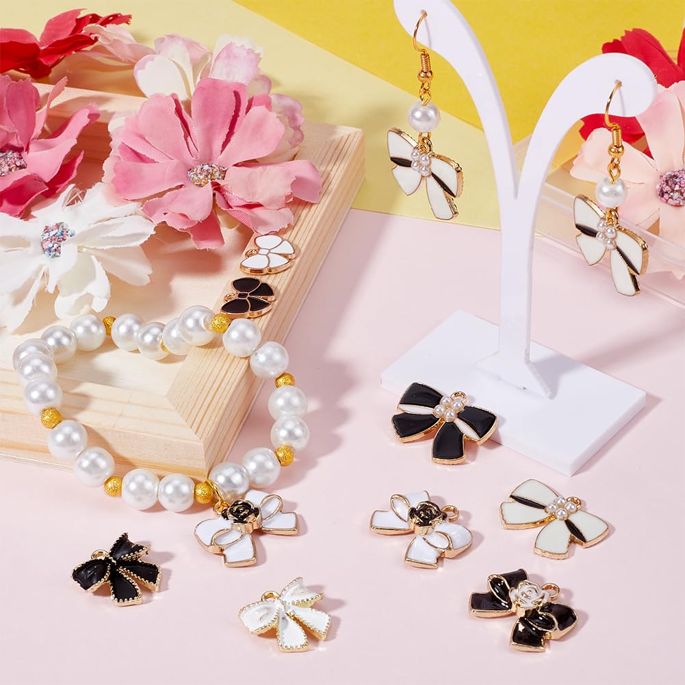 SUNNYCLUE 1 Box 48pcs Valentine Bow Charms Black And White Bow Charms Enamel Small Metal Cute Bowknot Tie Charm With Plastic Pearl For Jewellery Making Bracelet Necklace Earrings Women Supplies Crafts - Image 3