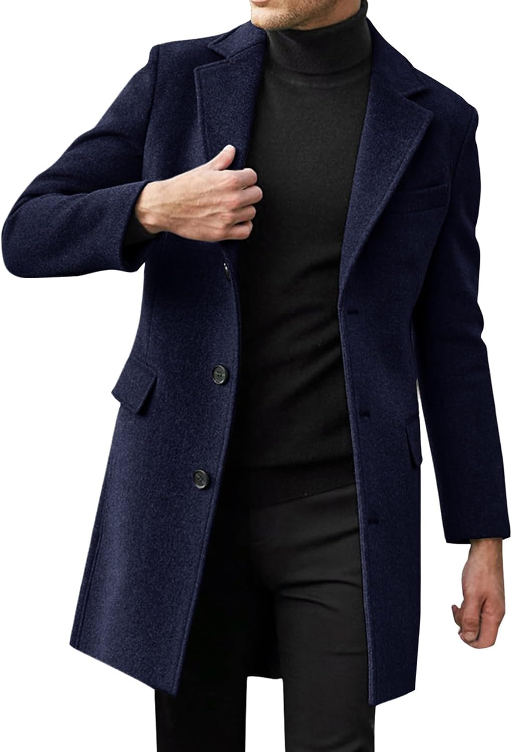 Beotyshow Mens Single Breasted Trench Coat Winter Pea Coat Notch Lapel Long Casual Overcoat