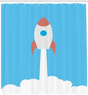 Lunarable Shuttle Shower Curtain, Rocket Blast Off Spacecraft Speed Cosmic Technology, Cloth Fabric Bathroom Decor Set with Hooks, 105" Extra Wide, Sky Blue Rust