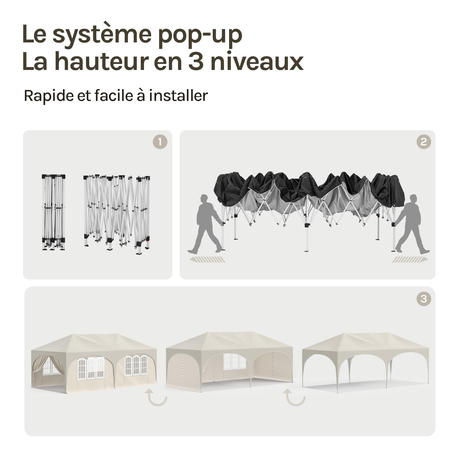 WOLTU Tonnelle de Jardin Pliable 3x6m avec 6 parois Beige | UPF 50+ UV, imperméable, hauteur ajustable, vent stable, 6 parois, Jardin