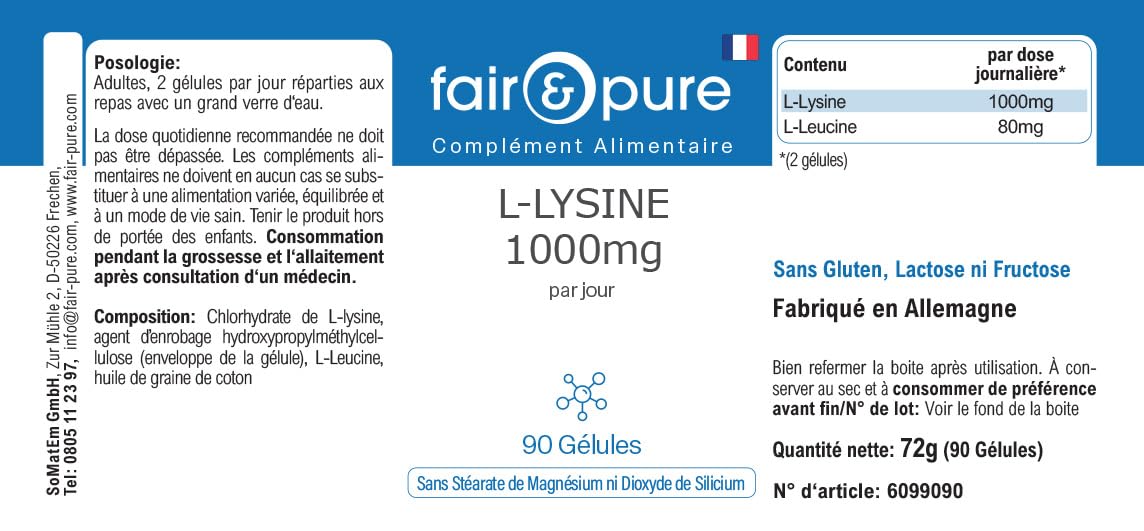 Fair & Pure® - L-Lysine 1000mg par jour - végan - 90 gélules