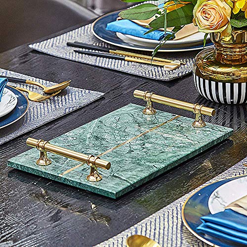 Stoneplus Natural Luxury Marble Tray, Bathroom Vanity Tray, Cosmetics Jewellery Perfume Tray With Metal Handles (Dark Green) #TOP3