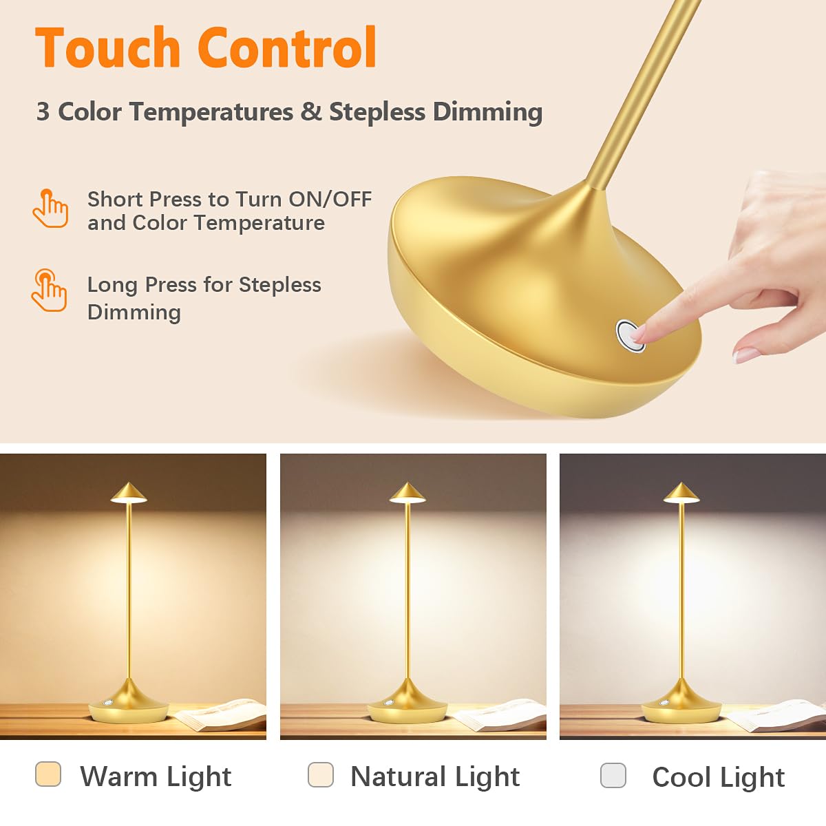 Hapfish Lampada da Tavolo Senza Fili LED, 6000mAh Lampada da Comodino Ricaricabile in Alluminio di Moda, Dimmerabile, Impermeabile, Luce Portatile Batteria per Ristorante Scrivania Esterno (Oro)