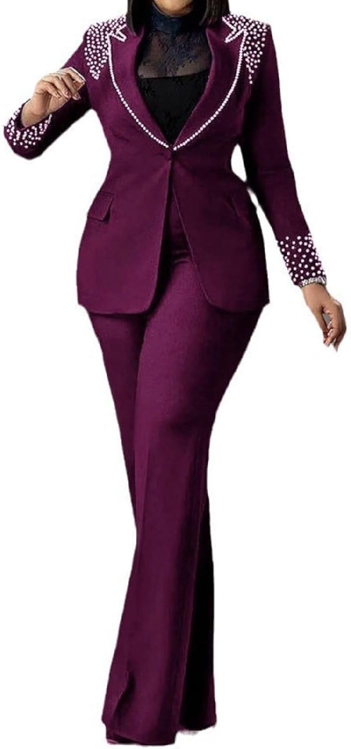 Womens Pants Suits Sets 2 Piece Outfits Business Dressy Pearls Blazers and Flared Pant Suit Set