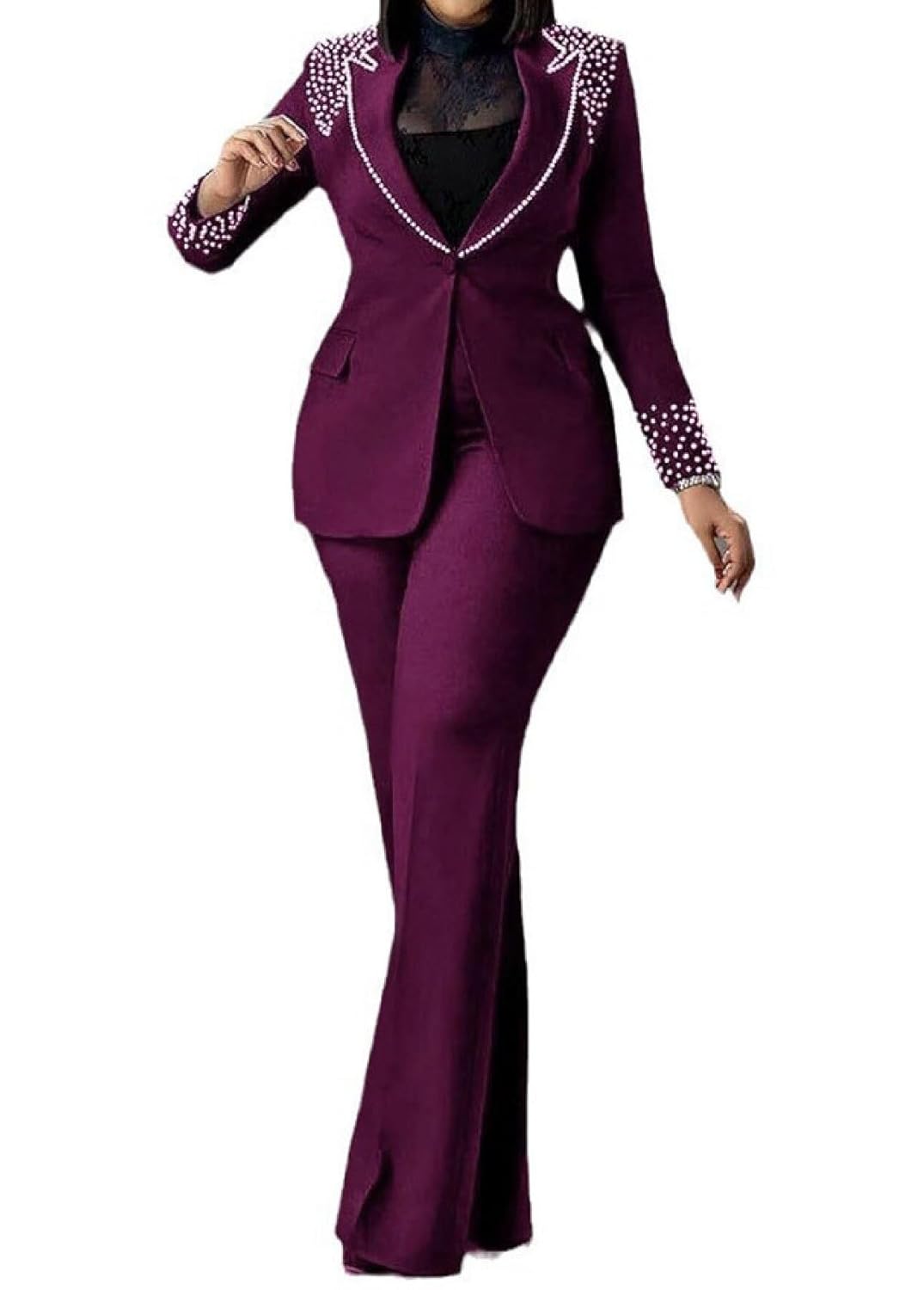 Womens Pants Suits Sets 2 Piece Outfits Business Dressy Pearls Blazers and Flared Pant Suit Set