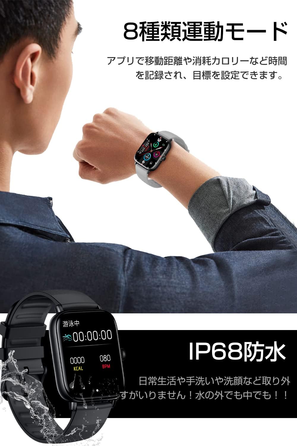 Smartwatch screens showing weather forecast, alarm, find phone function, and remote camera control icons.