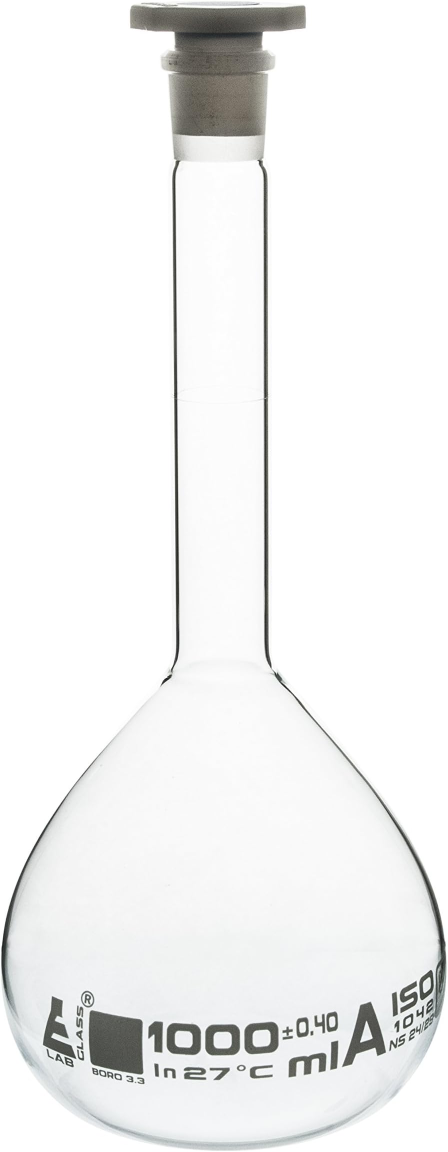 LabGlass by EISCO - Volumetric Flask, NABL Certified, with Polypropylene Stopper, Made of Borosilicate Glass 3.3, Class-A, 1000 ml with Calibration Certificate