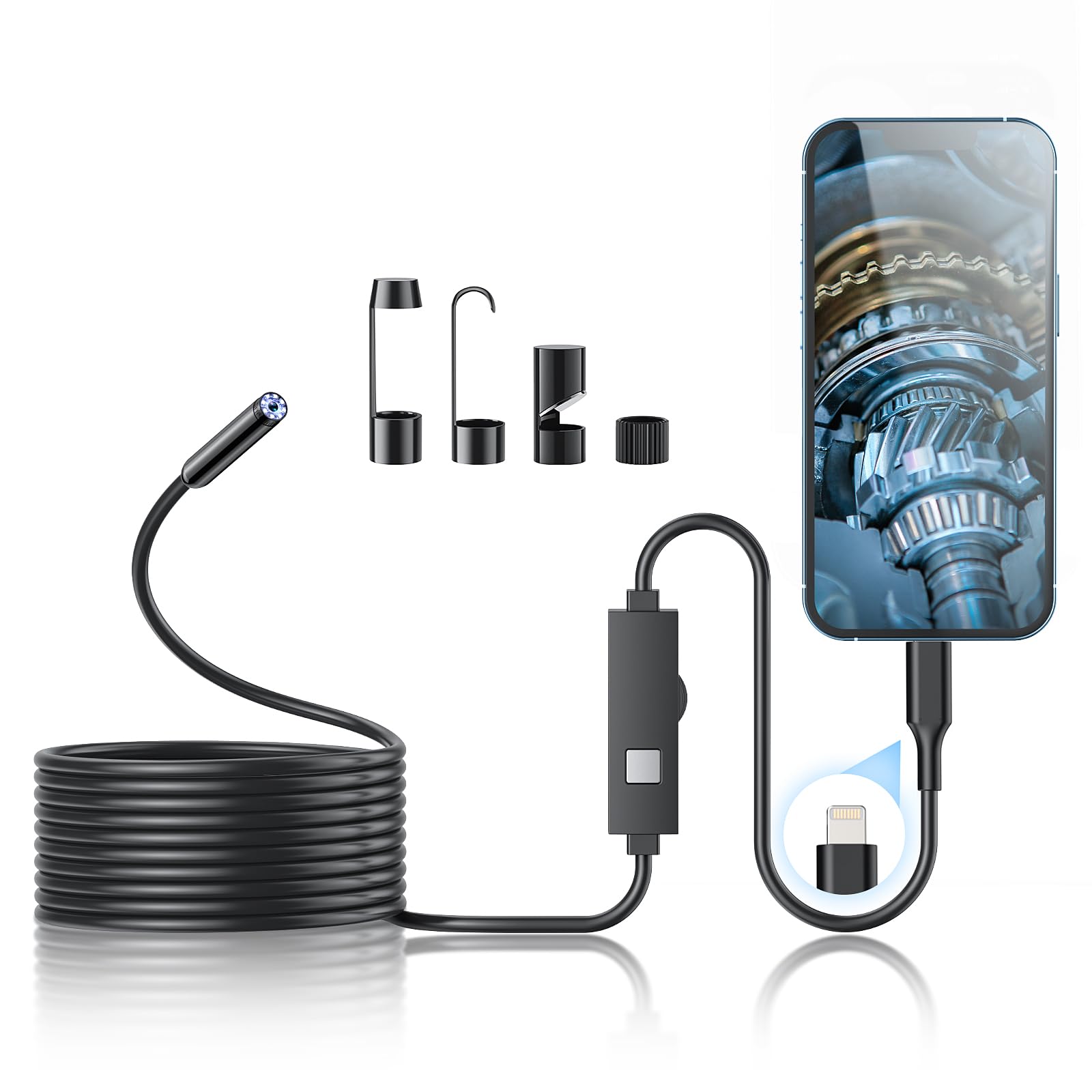 Endoscope Camera with Light, 1920P HD Borescope Tools with 8 Adjustable LED Lights, Endoscope with Semi-Rigid Snake Camera, Inspection Borescope for iOS - 16.3ft Single Line Single Lens（Not Android）
