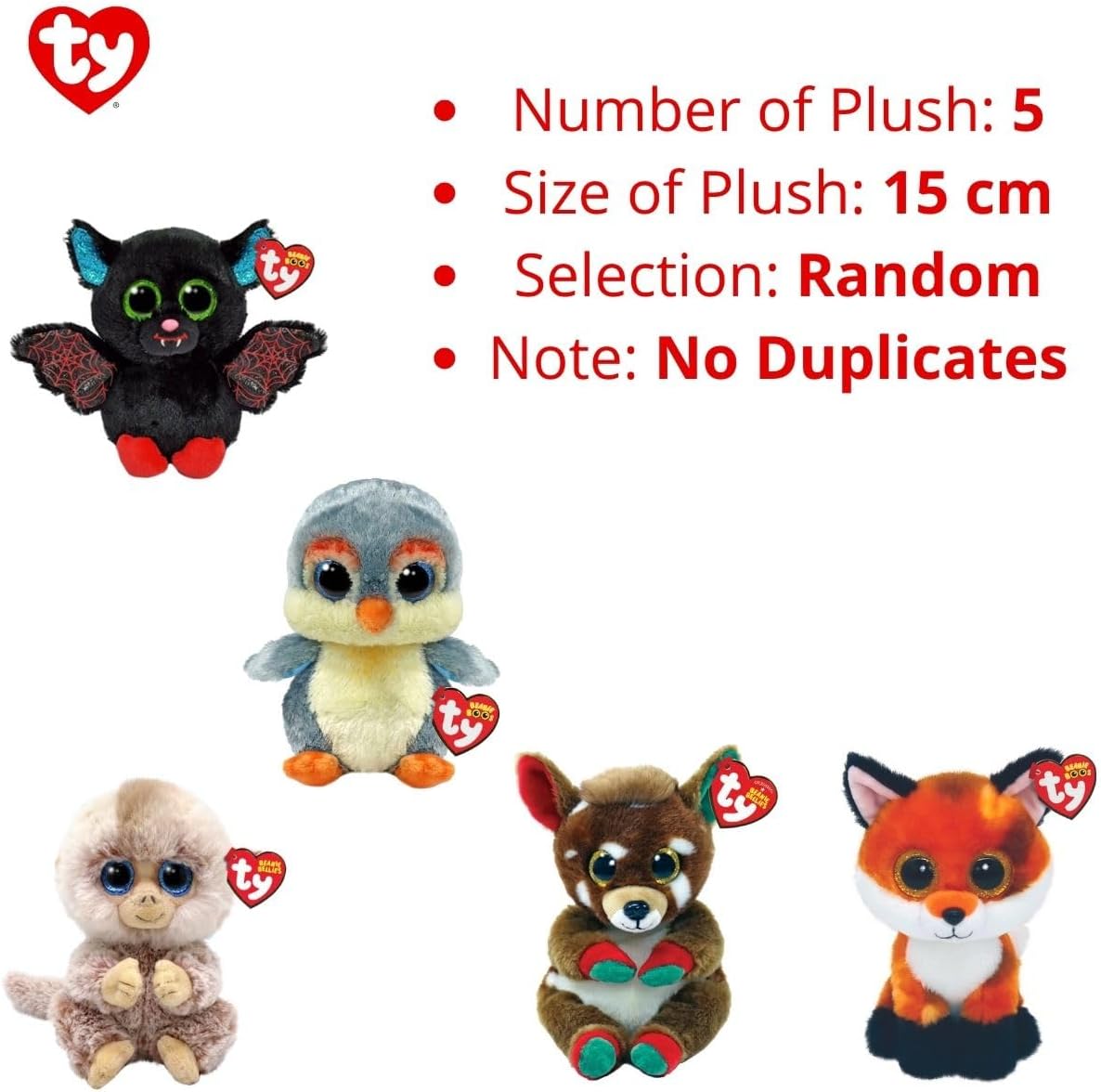 Ty - Assortment of 5 Beanie Boo's Plush Toys 15 cm - The Soft Dolls with Large Glitter Eyes - Random Selection - No Double
