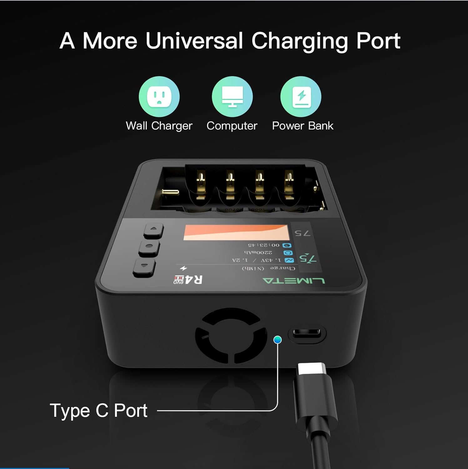 LIMETA Rechargeable Batteries Charger AA AAA Independent 6 Slot USB Smart Fast Charging for 1.2V 1.5V 3.7V Nimh Lithium Nicd 18650 21700 Battery Charger with Discharge Refresh Function LCD Display