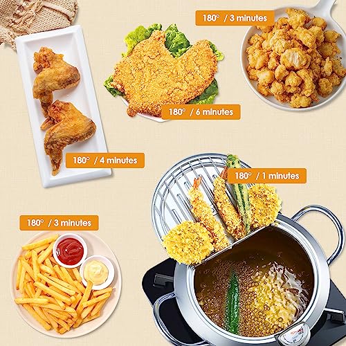 304 Roestvrij Staal Frituurpan Friteuse Pan, Tempura Friteuse met Thermometer, Deksel en Olie Afdruiprek, Japanse stijl Tempura Frituurpan voor Keuken Frites, Vis, Garnalen en Knapperig Vlees - Afbeelding 5
