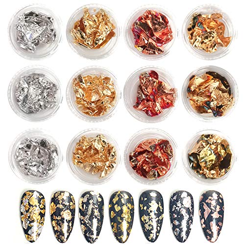 12 Pots Nail Art Foil Paillette Chip Nail Art Design Decoration DIY Accessories Gold Silver Copper Rainbow Foil Nail Decals