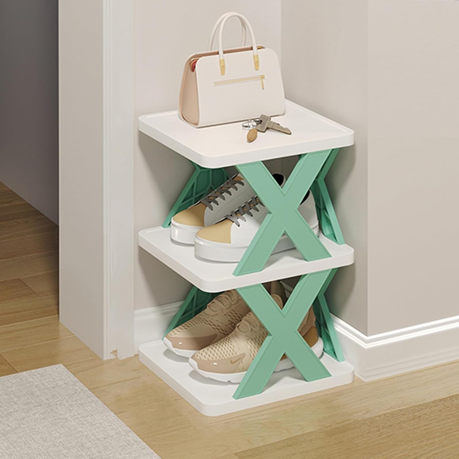 Multi-Layer Free Standing Shoe Rack - Narrow Stackable Plastic Organizer for Small Spaces, X-Shape Fixed Frame, Easy Clean 3-Tier Tower Shelf (Blue)