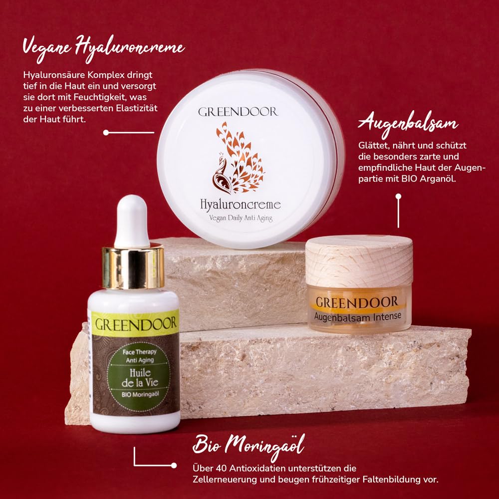 GREENDOOR Naturkosmetik Anti Aging Sparset, Hyaluron-Creme + Augenbalsam intense + Bio Moringaöl, spendet natürliche Feuchtigkeit, hilft Falten vorzubeugen