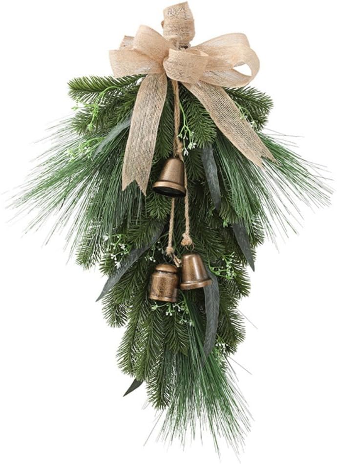 Artificial Christmas Swag with Bells and Bow, 20 Inch Norfolk Pine Teardrop Garland, Christmas Pine Needle Wreath for Door Window Mantle Fireplace Wall Indoor Outdoor Home Decor (Green)
