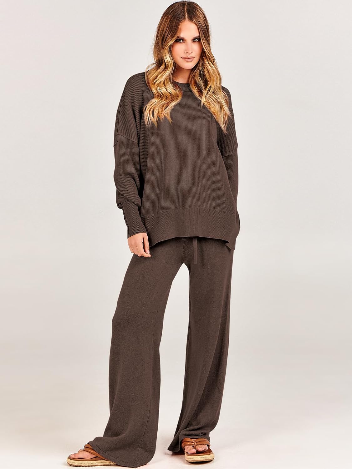 ANRABESS Womens 2 Piece Outfits Fall Lounge Set 2025 Oversized Chunky Knit Sweater Top Wide Leg Pants Loungewear Clothes