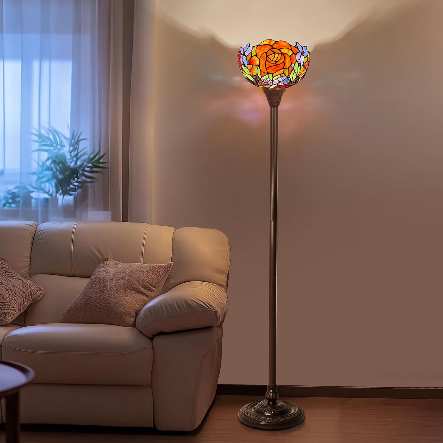 Capulina Tiffany Lamp Stained Glass Torchiere Floor Lamp 12x12x70 Inches Industrial Blackish Bronze Pole Yellow Red Rose Tiffany Style Standing Lamp for Living Room Bedroom Home Office