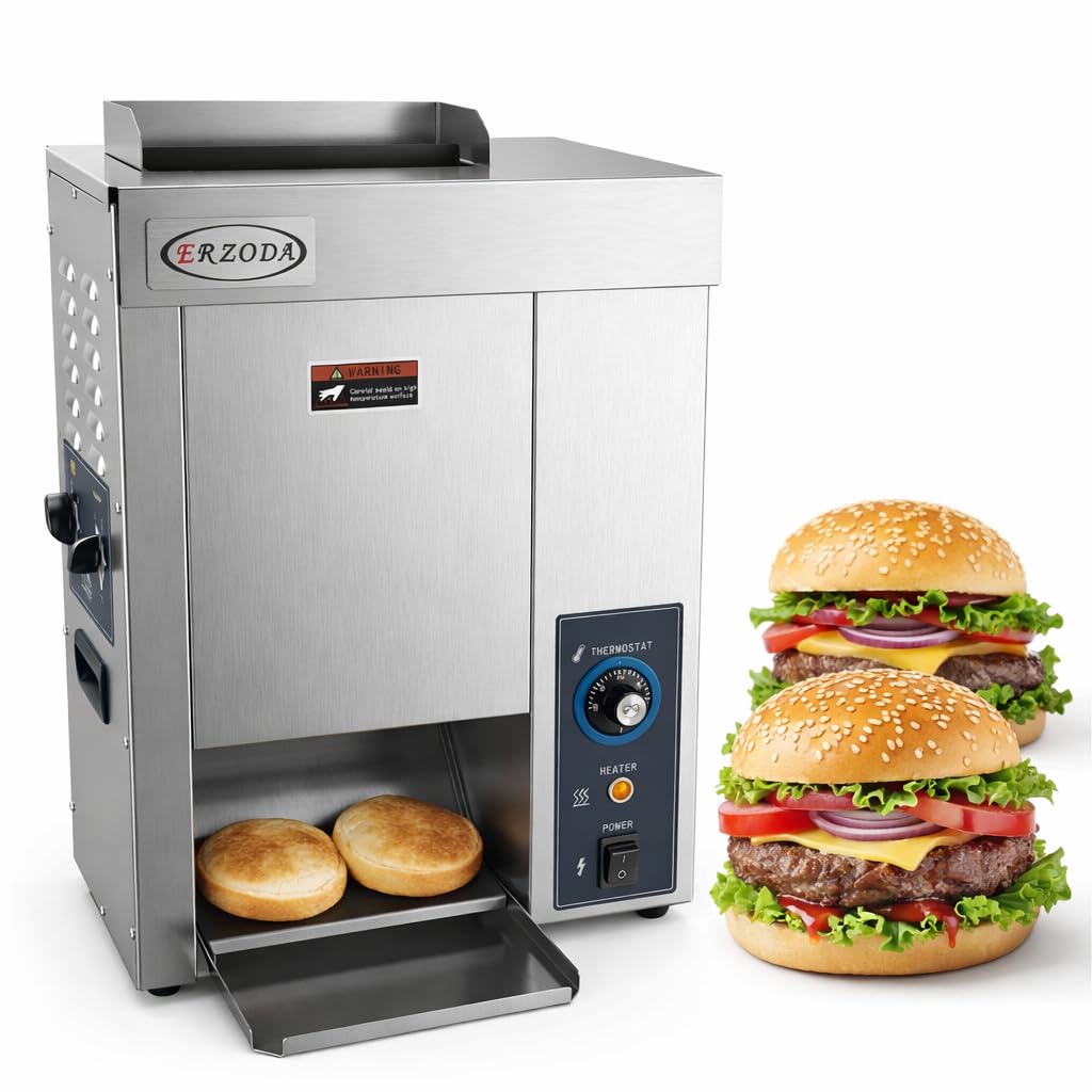 Tostador industrial vertical para pan de hamburguesa, 1400/h, 2000 W | Hasta 1.400 panes/h; 2.000 W; temperatura regulable; acero inoxidable; para hamburgueserías, restaurantes y food trucks.