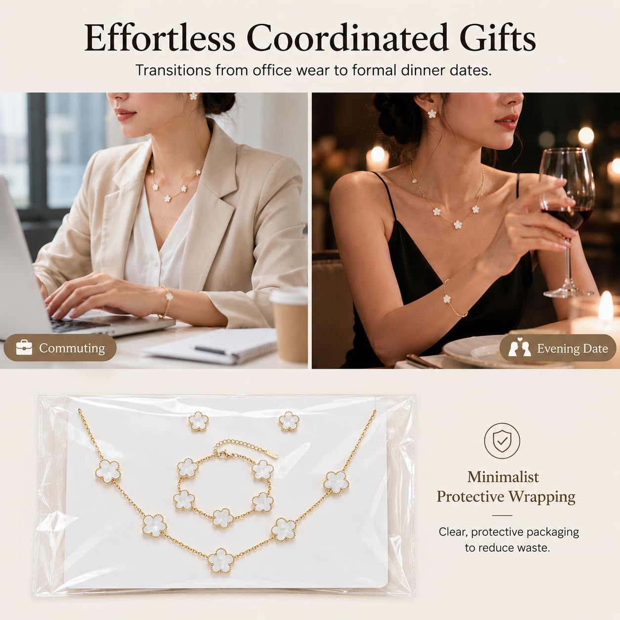 14K Gold Plated Stainless Steel 5-Leaf Clover 4-Piece Jewelry Set | 4-piece jewelry set, 14K gold plated stainless steel, white 5-leaf clovers, waterproof design for daily or beach wear.