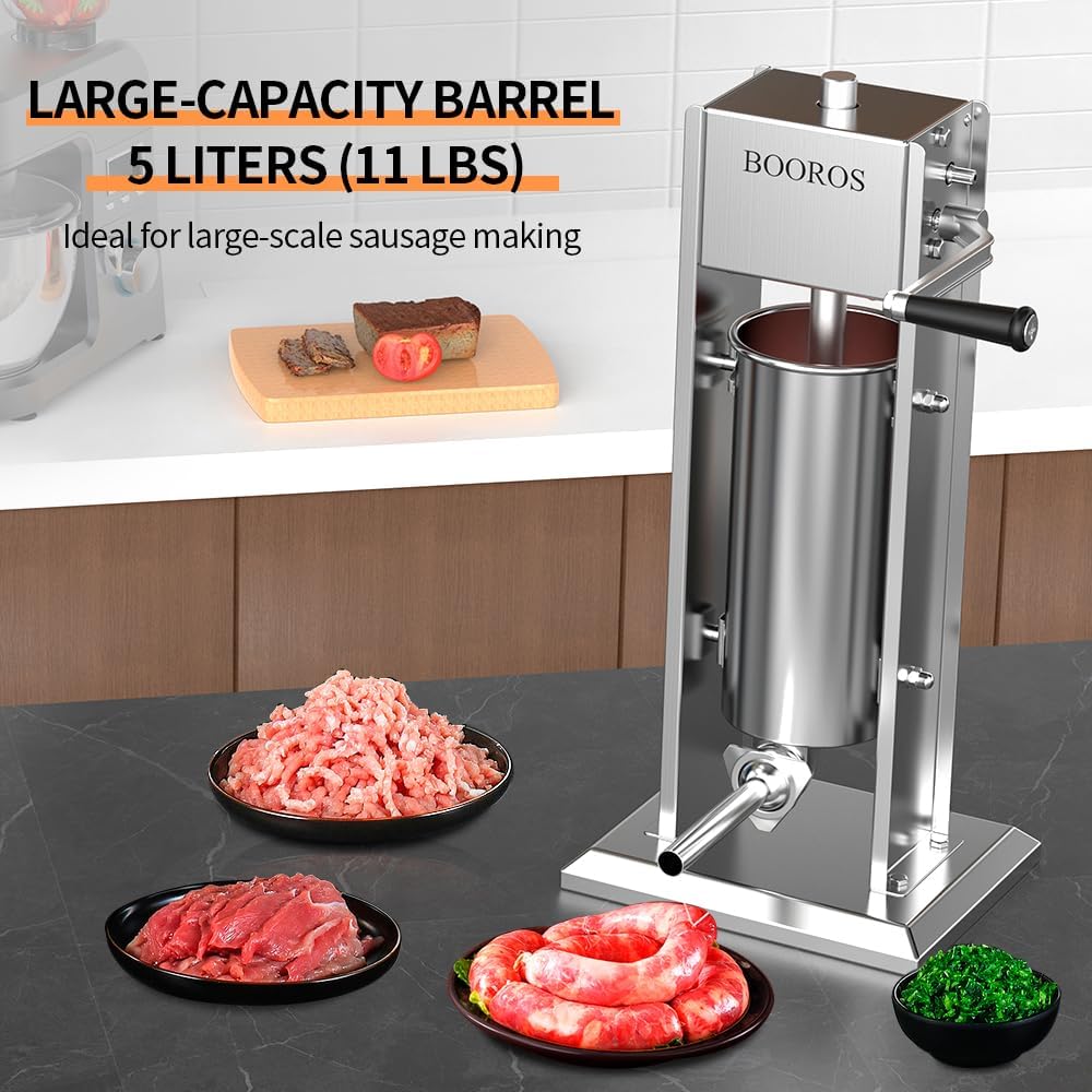BOOROS Manual Sausage Stuffer 5L/11Lbs Vertical Meat Stuffer,Two Speed Stainless Steel Sausage Maker and Hand Crank Churro Maker Machine with 4 Stuffing Tubes and Cleaning Brush for Kitchen,Restaurant