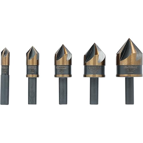 DEWALT Countersink Drill Bit Set for Wood, Metal, Plastic, 5 Pc,1/4, 3/8, 1/2, 5/8, 3/4 Inch Industrial Grade High Speed Steel Twist Countersink Set, Black and Gold (DWAMDB5SETCS)