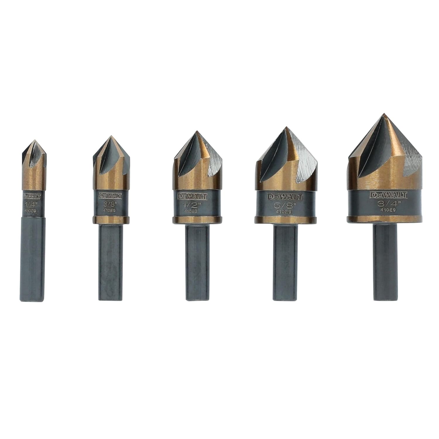 DEWALT 5-Pc Countersink Drill Bit Set 1/4-3/4 Inch HSS for Wood Metal Plastic - Industrial Black Oxide DWAMDB5SETCS
