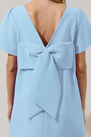 Kedera Women's Mini Bow Dress Crew Neck Short Sleeves Loose Swing Solid Shift Dress Casual Cocktail Wedding