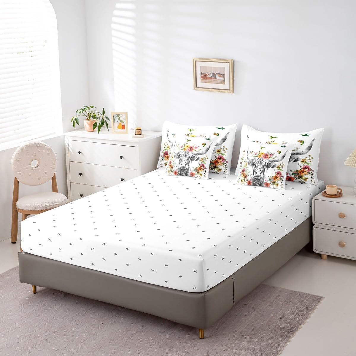 Erosebridal Highland Cow Floral Comforter Set 7 Piece Queen Size Bull Cattle Flower Bed in a Bag Wildlife Farmhouse Cow Quilt Set Hummingbird Sheet Set Soft Reversible All Season White Bedding Set