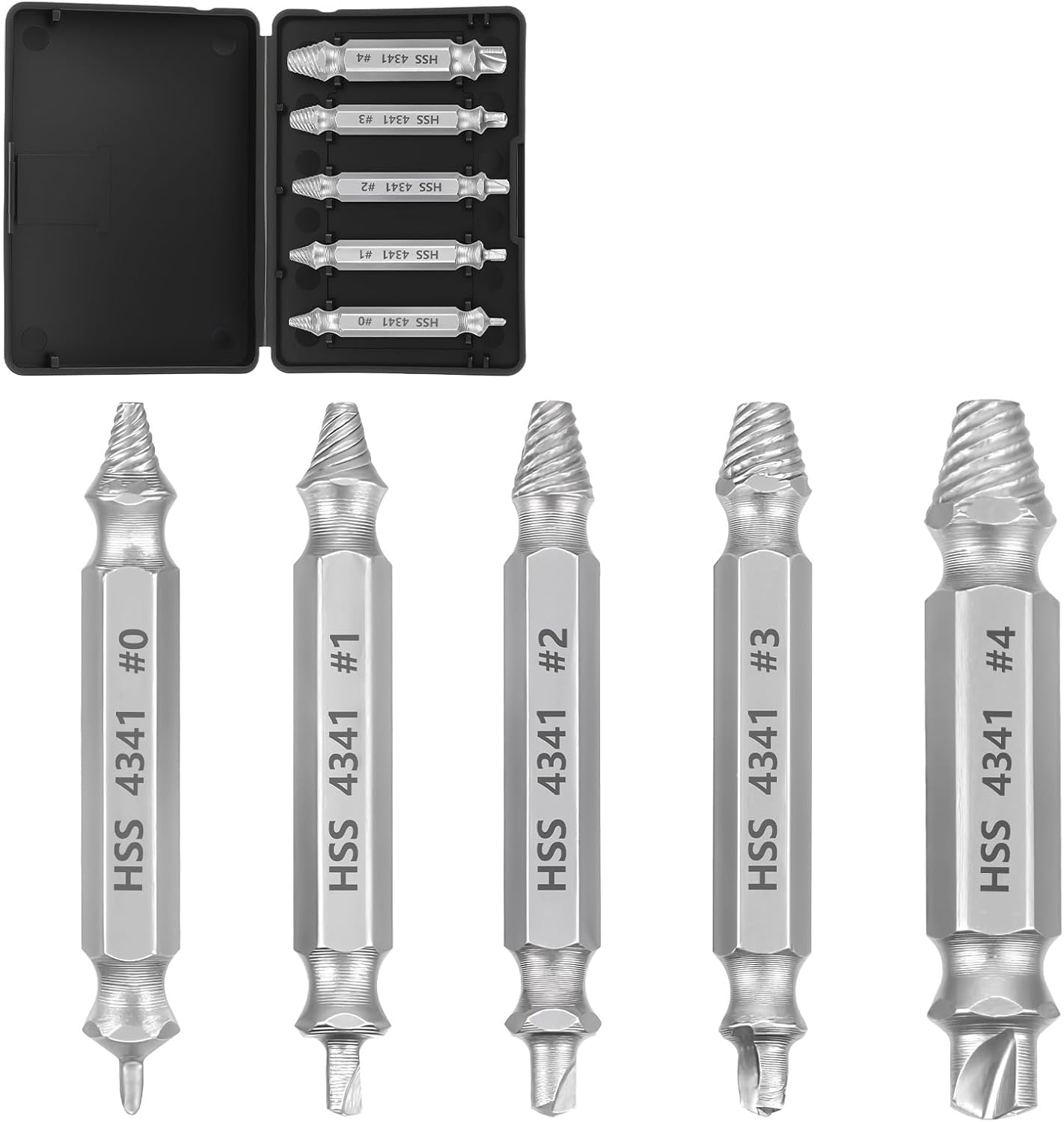 5-Pc HSS Screw Extractor Set #0-#4: Remove Stripped, Rusted, Broken Bolts & Screws Easily - DIY Repair Tool Kit