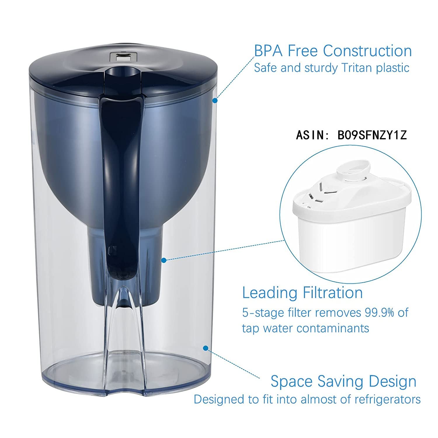 Alkaline Water Filter Pitcher with Filter, 14 Cup Digital Display Water Purifier Pitcher in BPA Free for Quick Clear Chlorine, Fluoride, Heavy Metals, Odor, Bad Taste