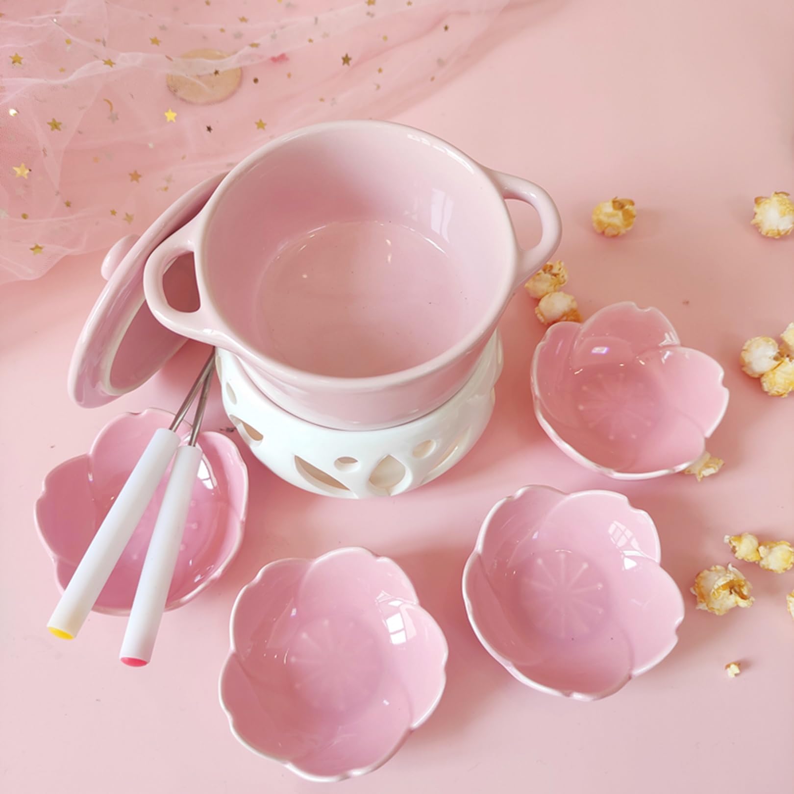 Ceramic Chocolate Fondue Pot Set for Cheese, Candy,Mini Butter warmer Bowl Party Set,Ceramic Hot Pot with 2 Dipping Forks,Buffet Server For the Melted Chocolate for Parties,Wedding,Banquet,Catering