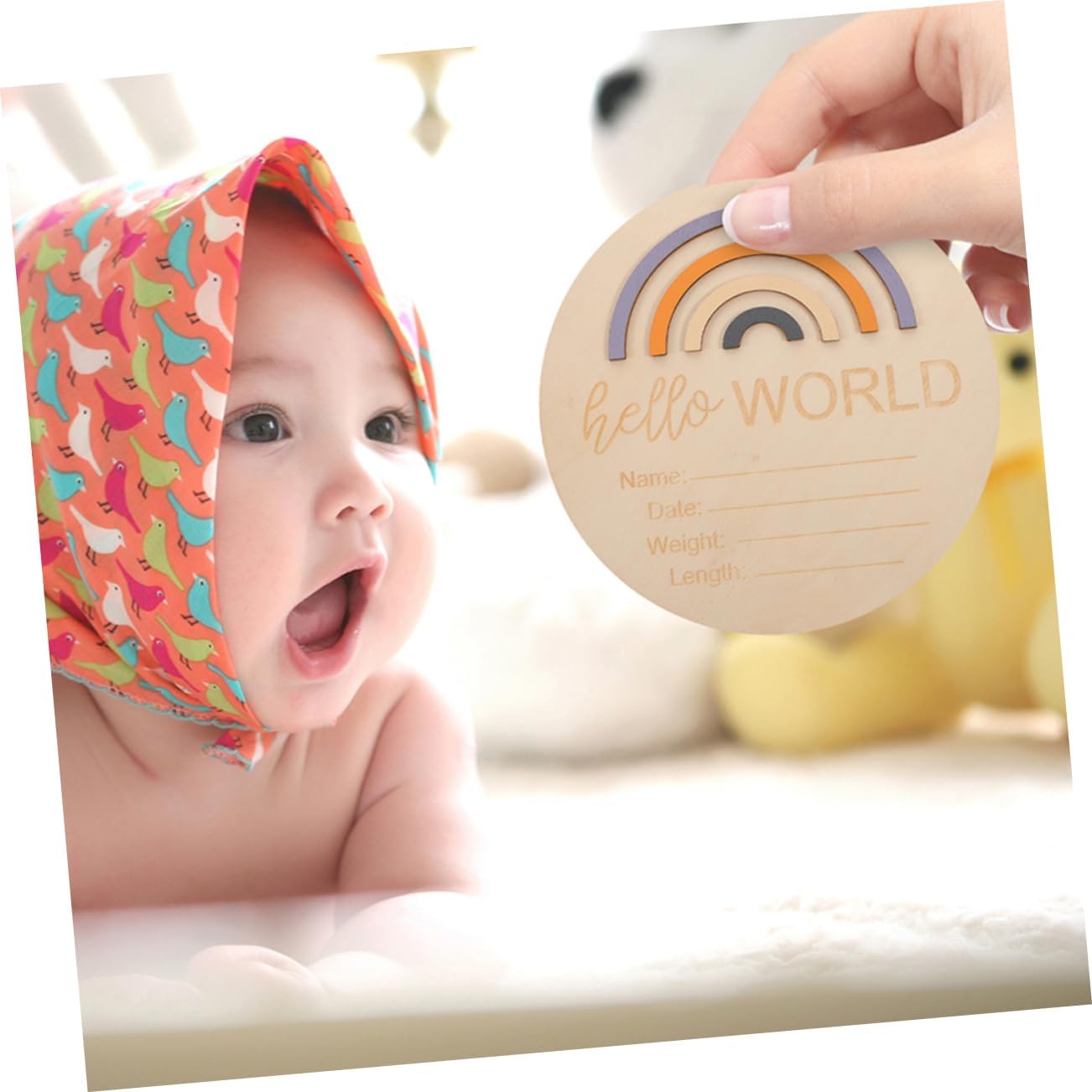 2pcs Rainbow Card Wooden Birth Announcement Sign Newborn Name Sign for Photography Props Unique Round Design Shower Decor