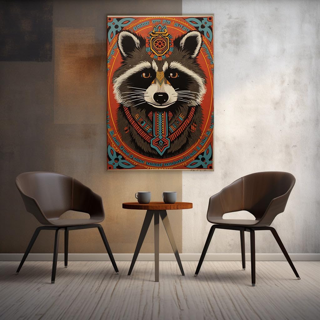 Canvas for Living room. Whimsical Gaze: A Raccoon Amidst a Kaleidoscope of Geometric Splendor, 27 x 18 inch Canvas Wall Art - Ready to Hang - 69x46 cm (27x18 inch)