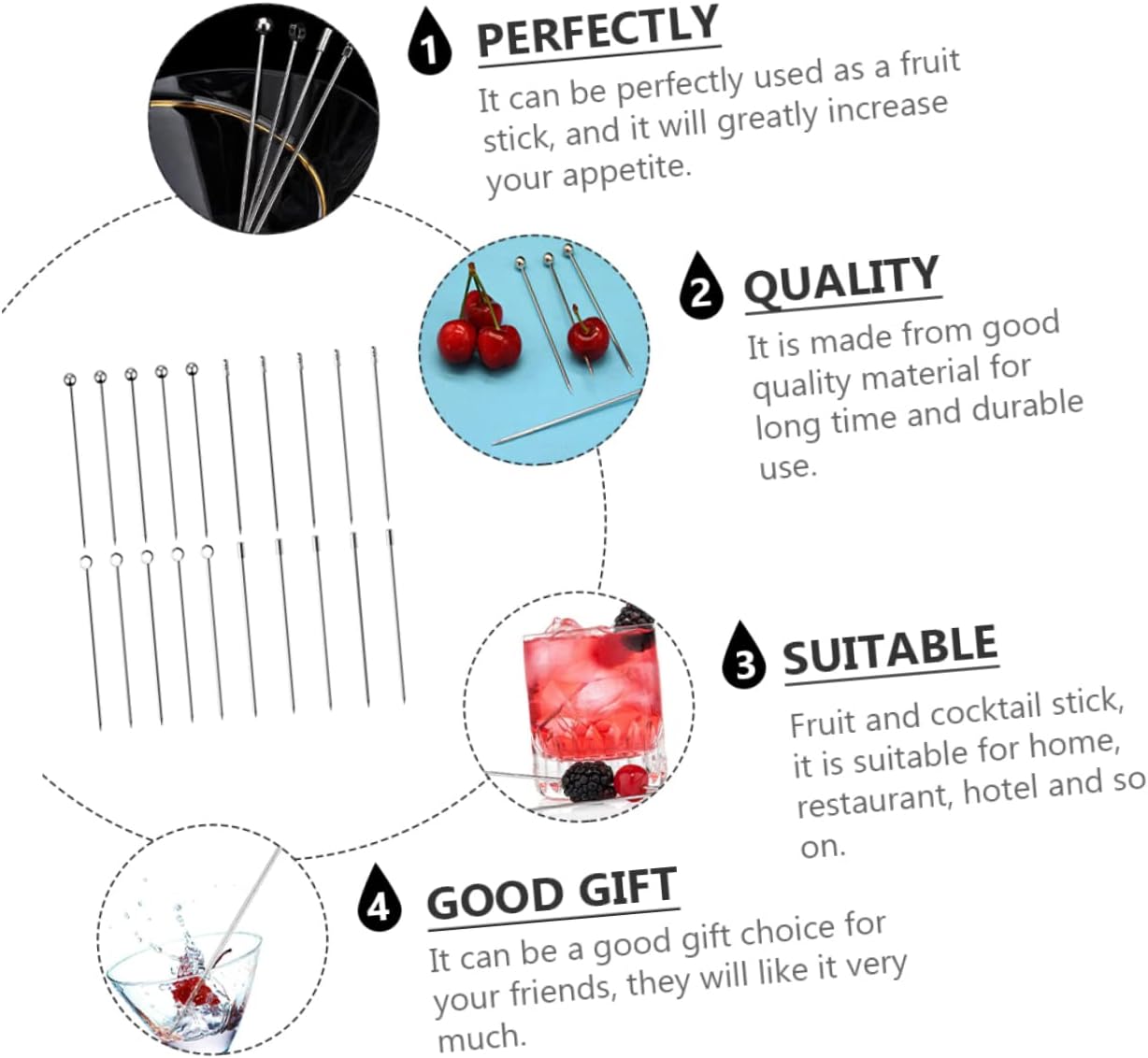 20pcs Stainless Skewers Cocktail Picks Set Fruit Sticks for Garnishing Cocktails